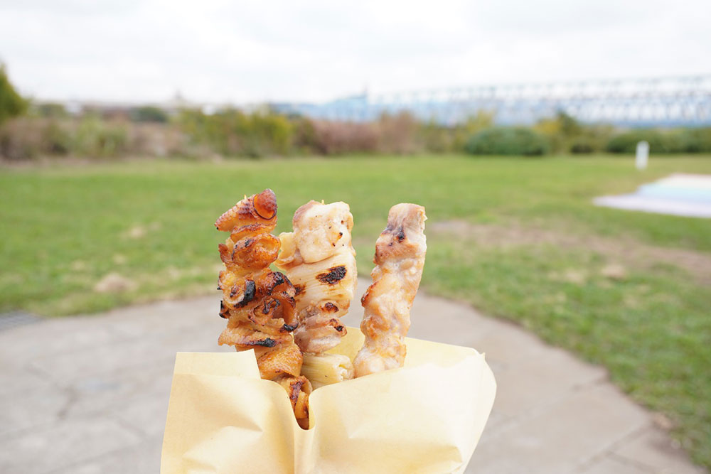 虹の広場で焼き鳥をたべつつ休憩